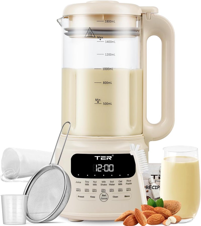 TER Nut Milk Maker Machine, 10-in-1 Soy Milk Maker for Almond/Oat/Soy Milk, Juice, Milkshake, Rice Paste, Auto Clean/24H Preset Time/12H Keep Warm, with 7 Accessories, Beige - Image 1